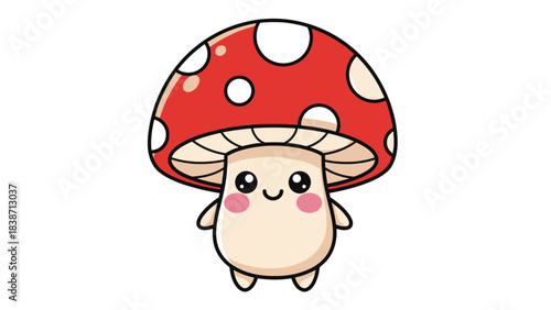 Cute cartoon red and white spotted mushroom character with blushing cheeks