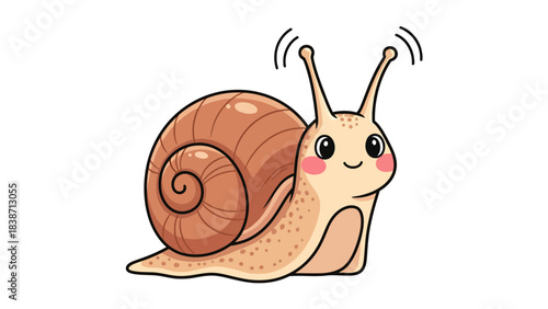 Cute cartoon snail with expressive antennae and rosy cheeks on white