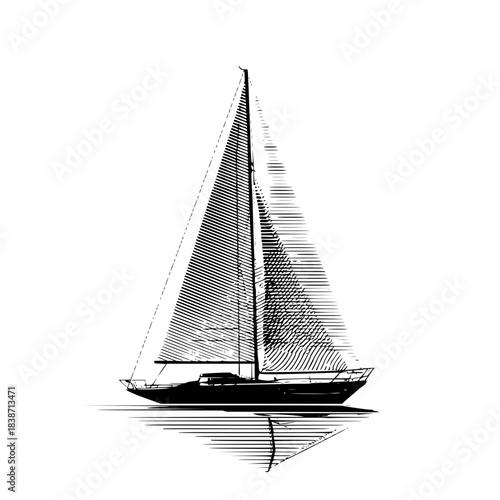 Sailing boat vector art, sailboat illustration, nautical vessel image, black and white yacht drawing