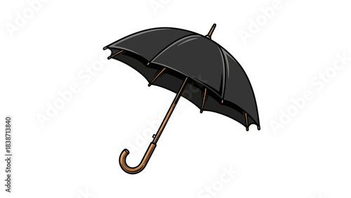 Stylized illustration of a black open umbrella with a curved wooden handle against a white background
