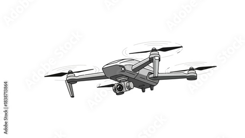Stylized illustration of a flying quadcopter drone with a camera gimbal
