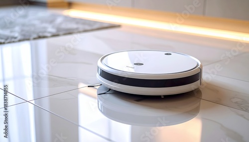 White robotic vacuum cleaner operating on a tiled floor in a modern home.