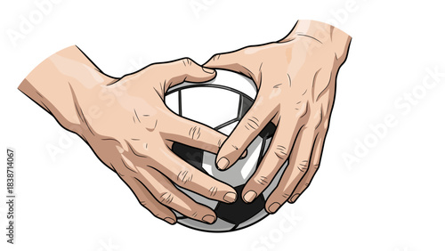 Two hands gripping a soccer ball from above against a white background