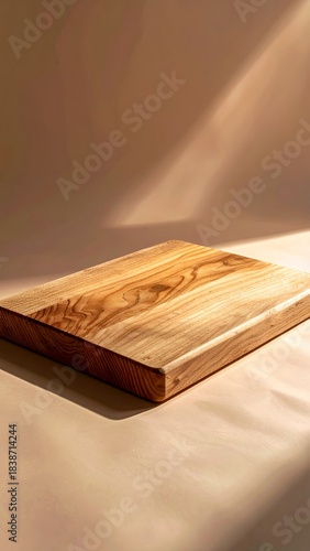 Wooden cutting board on a light background with natural sunlight creating shadows, highlighting its texture and rustic charm.