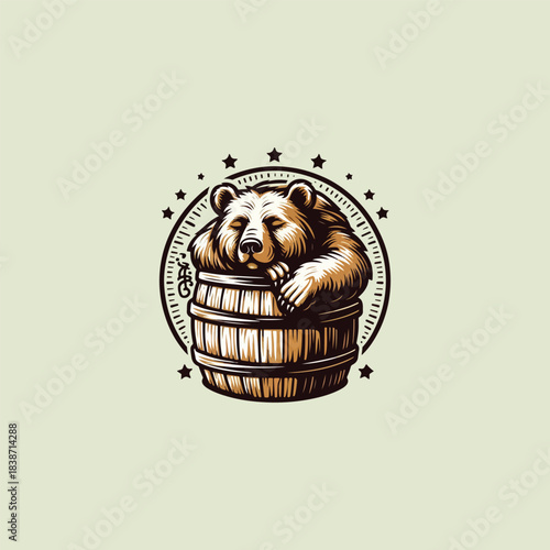 Bear logo design on barrel flat vector illustration icon