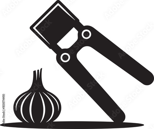 Garlic press with clove and bulb shows kitchen tool for food vector art