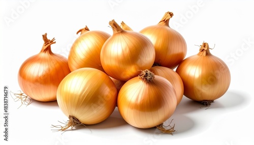 “Cluster of whole yellow onions with papery skins on clean white background”