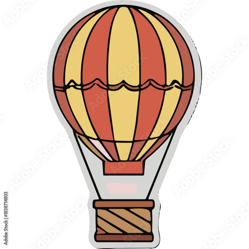 Retro Hot Air Balloon With Yellow And Red Stripes And A Wicker Basket Suspended By Ropes Against A White Background Classic Transportation Adventure And Travel