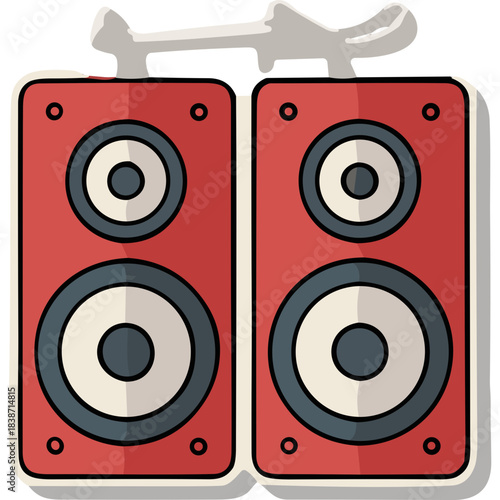 Retro Red Stereo Speaker Pair With White Accents On A Simple Light Background With Subtle Shadow Effects And Flat Design Style