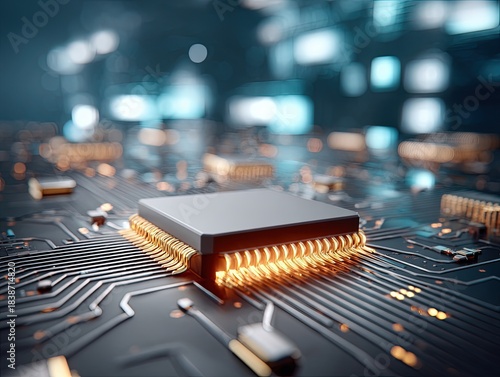 Ai code overlay on circuit board technology digital art futuristic environment close-up view