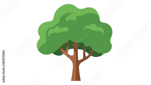 Stylized illustration of a green leafy tree with a brown trunk and branches against a stark black background emphasizing natural form and simplicity