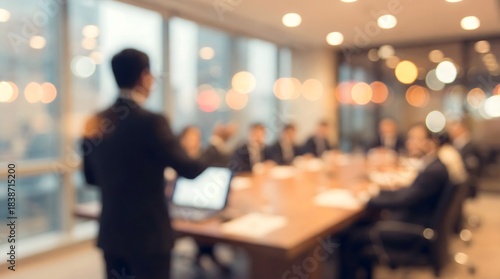 1. Executive business meeting in modern boardroom with professional presenter addressing corporate team during strategic briefing session
