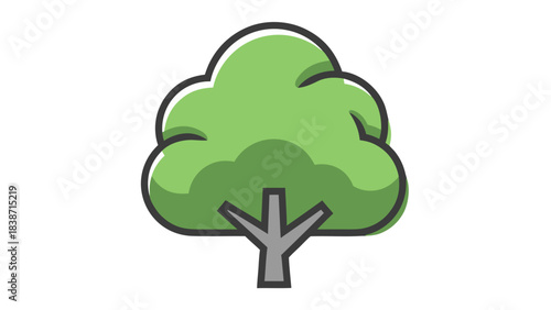 Stylized Green Tree With A Gray Trunk And Branches On A Black Background Simple Flat Design Illustration With A White Outline And Soft Shadows