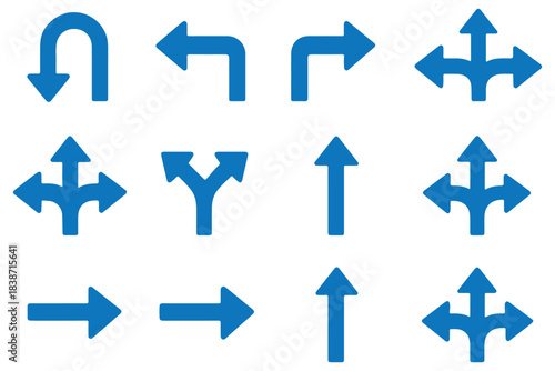 Road traffic direction arrows flat set. You-turn, left, right, two way, three way transportation direction arrow symbol. decision icon vector Trafic way icon