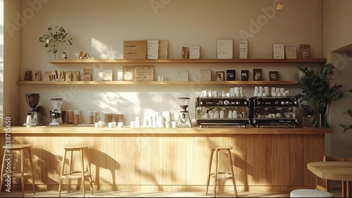Cozy coffee shop interior with wooden shelves, plants, and natural light