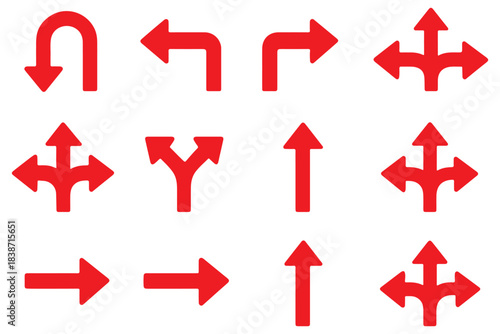 Road traffic direction arrows flat set. You-turn, left, right, two way, three way transportation direction arrow symbol. decision icon vector Trafic way icon
