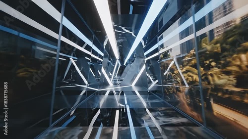A futuristic corridor with dynamic neon lighting and reflective surfaces creating a high-tech, immersive environment that appears to extend infinitely into the distance