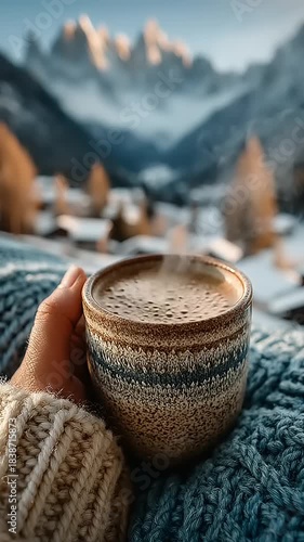 Cozy hand holding a textured mug of hot beverage with snowy mountains in background