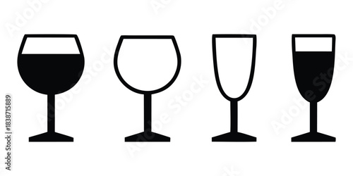 Wine glass silhouettes set, wine glasses vector icon, drink glasses silhouette