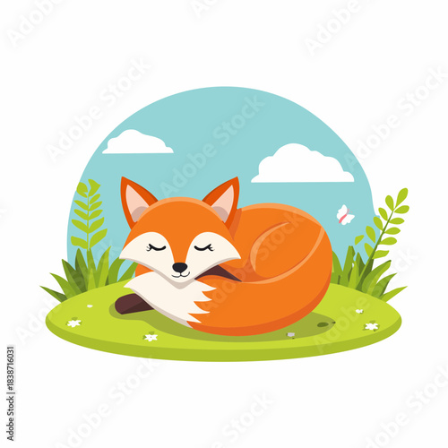 A serene cartoon fox sleeps peacefully on a lush green meadow surrounded by plants under a calm sky