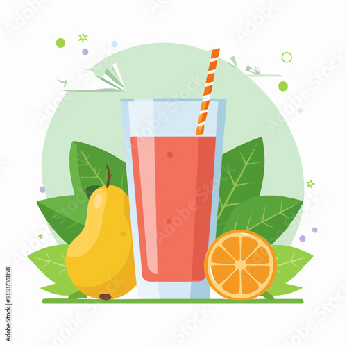 Fresh Pear Orange Juice in Glass with Straw Healthy Drink.