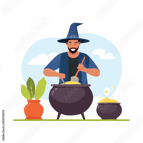 A wizard stirring a magical potion in a large cauldron outdoors