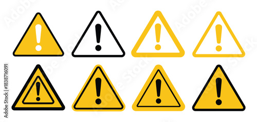 Triangle Caution Set Icons, a professional vector pack including caution signs, alert icons, warning symbols, and exclamation mark triangles suitable for workplace safety, industrial