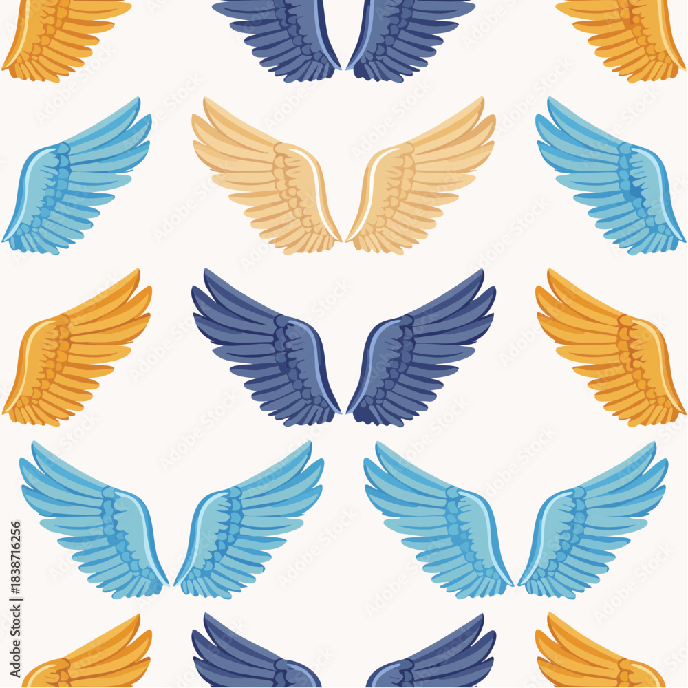 Fototapeta premium Seamless Angel Wings Pattern Blue Gold Feather Background for Flight Freedom Concepts.