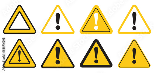 Triangle Caution Set Icons, a vector collection featuring warning, precaution, attention, and alert symbols with exclamation marks in triangle shapes for safety and hazard communication designs