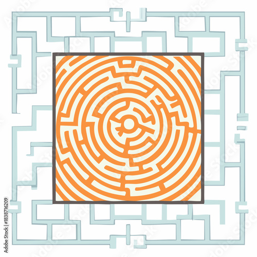 Navigating through a complex maze with a central labyrinth