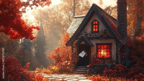Cozy cottage in autumn forest with vibrant red leaves and glowing windows