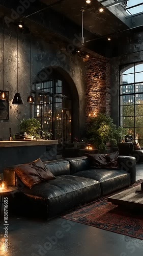 Cozy industrial living room with warm lighting, plants, and a bar area