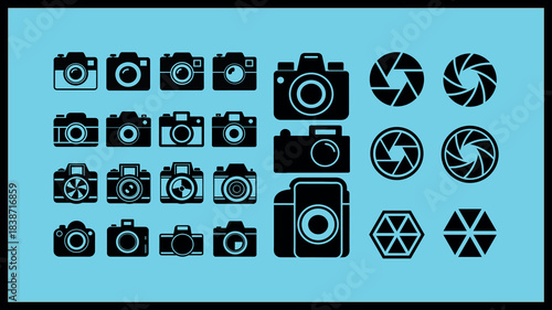 Collection of camera icons and aperture symbols