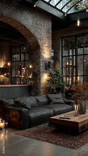 Cozy industrial living room with warm lighting, plants, and rustic decor