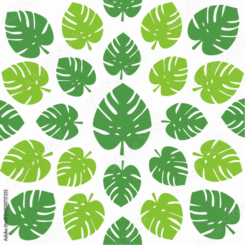 Seamless Monstera Leaf Pattern Background Tropical Green Foliage Design.