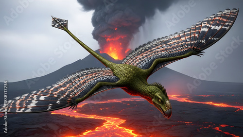 Feathered dinosaur flying over molten lava near volcanic eruption prehistoric ancient