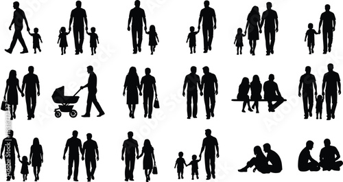 Black Silhouette Vector Set: Families, Parents, and Children Walking, Holding Hands, Sitting, and Pushing Strollers—Diverse Family Life, Parenting, Childhood, and People Together, Isolated on White, 