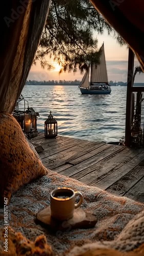 Cozy lakeside retreat with sunset and sailboat view