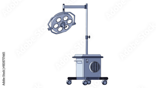 Surgical examination lamp on a mobile stand with a black background in a hospital setting focused on medical equipment