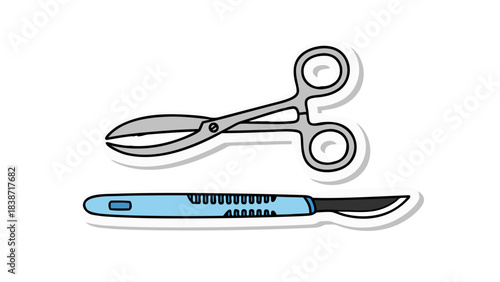 Surgical Instruments Including Forceps And Scalpel With Blue Handle Against A Black Background And White Outline Isolated Clipping Path