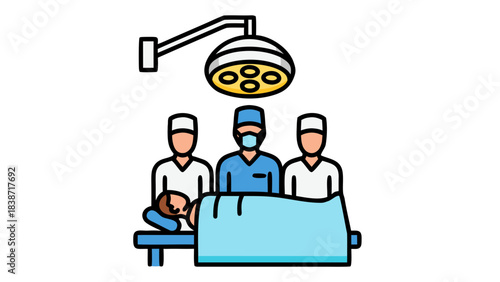 Surgical Team Performing Operation On Patient Under Bright Overhead Lamp In Operating Room Flat Illustration