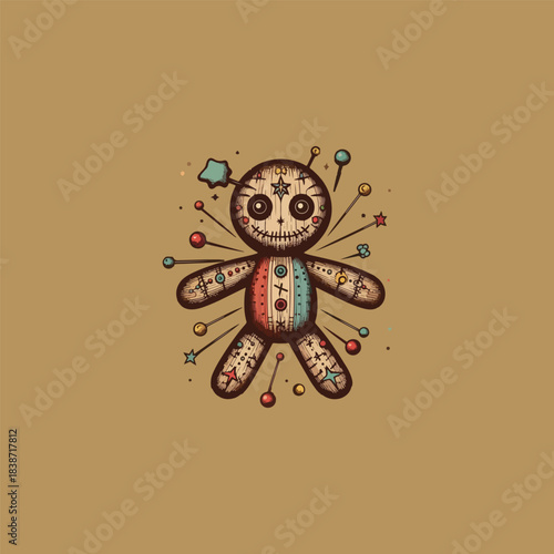 A logo featuring a stylized voodoo doll with stitched details and button eyes, giving it a quirky, mystical, and slightly eerie character