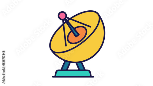 Stylized Satellite Dish Antenna Icon with Yellow Reflector Orange Center and Teal Base on Black Background Simple Vector Graphic