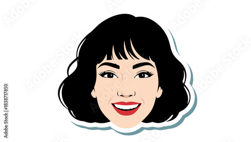 Stylized Portrait Of A Young Woman With Dark Hair And A Wide Smile Against A Black Background