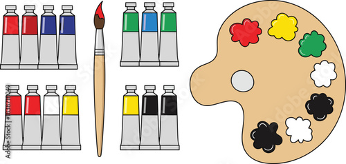 Essential art supplies set: palette, paintbrush, and variety of acrylic, oil, or watercolor paint tubes in vibrant primary and secondary colors for creative projects, hobbies, or professional artists.