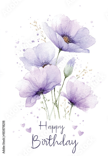 Delicate Blooms: A cluster of elegant lavender flowers, their petals softly painted with watercolor hues, adorned with a sweet Happy Birthday greeting.