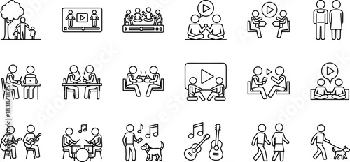Family bonding, learning, music, and activities icon set: diverse vector illustrations for relationships, education, entertainment, and leisure, featuring people, pets, 