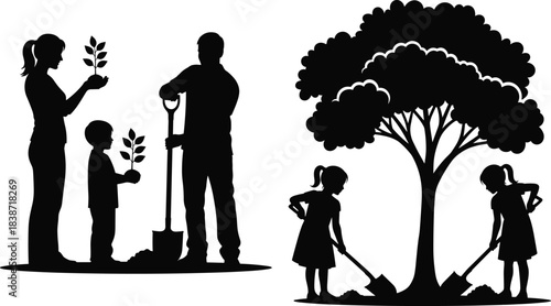 Family Planting Tree Together Silhouette Vector Illustration, Eco Environment Conservation, Happy Sustainable Lifestyle, Volunteer Community Gardening Activity, Reforestation Growth Concept.
