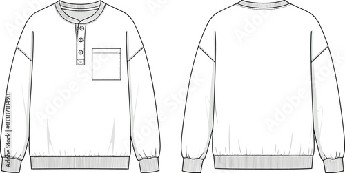 Flat Sketch Vector Illustration of Men's Oversized Raglan Sleeve Sweatshirt, Casual Crew Neck Henley Placket Pullover Jumper with Chest Pocket, Ribbed Cuffs and Hem, Technical CAD Drawing 