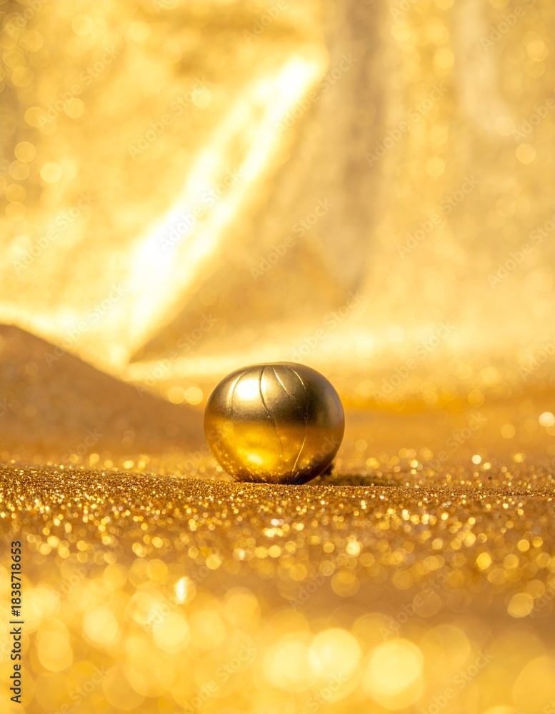 Obraz premium Golden Sphere on Glittering Surface with Radiant Background.